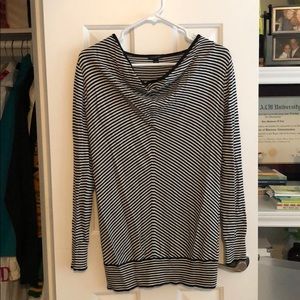 Black and white striped cowl neck sweater